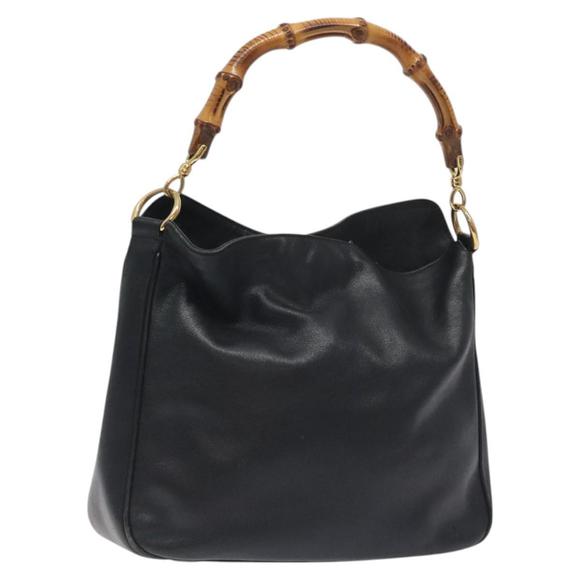 GUCCI Bamboo Hand Bag Leather Black Gold 001 0166 1638 Auth 130572 - Picture 1 of 16